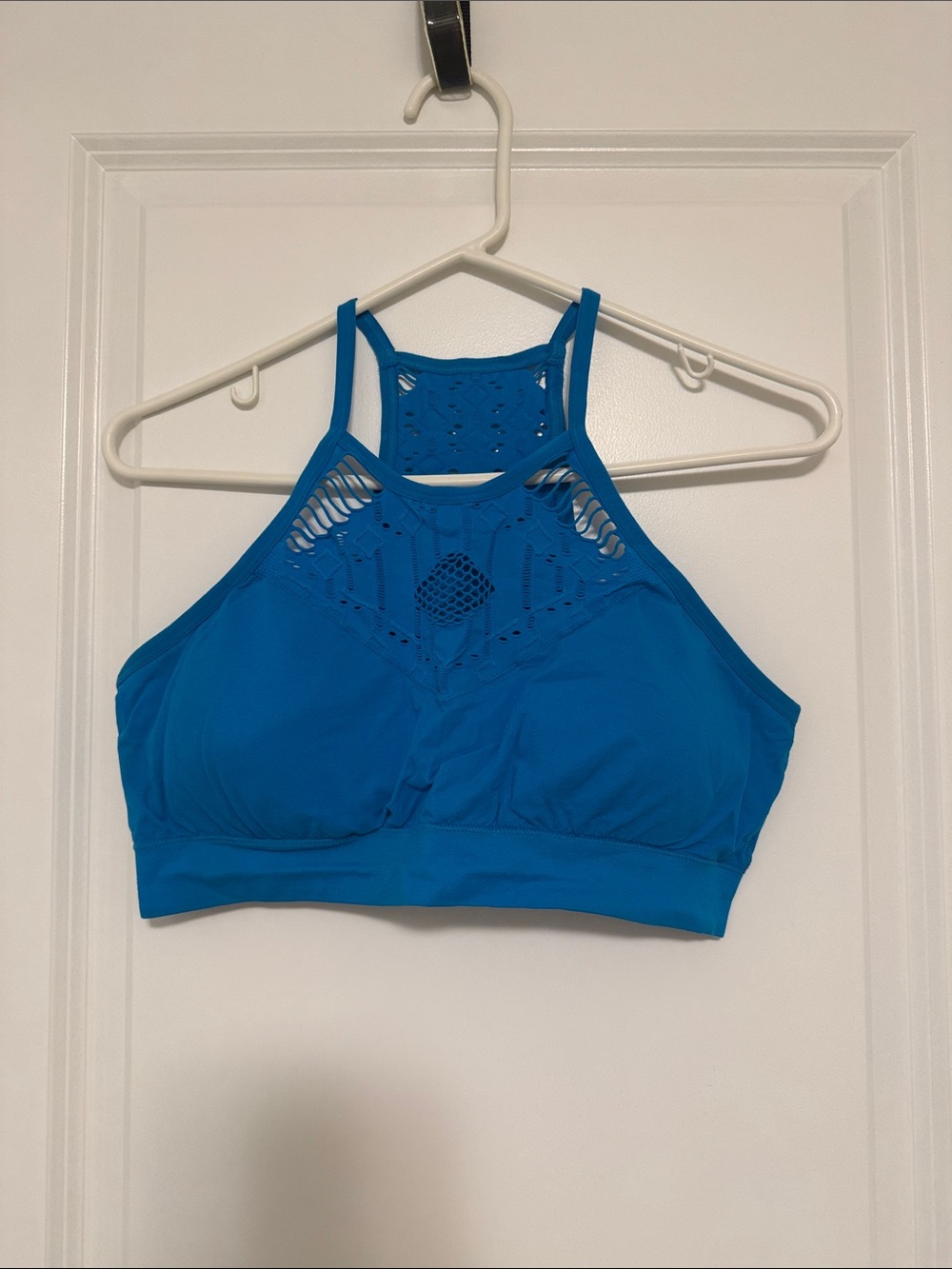 Blue High-Neck Crochet-Detail Sports Bralette